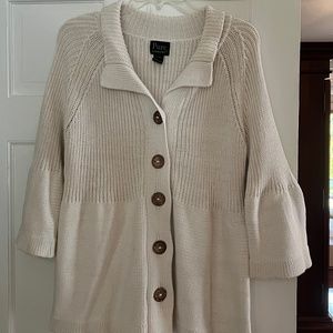 PURE Handknit Ivory Chunky Cardigan Flare Sleeves L/XLG 100% cotton